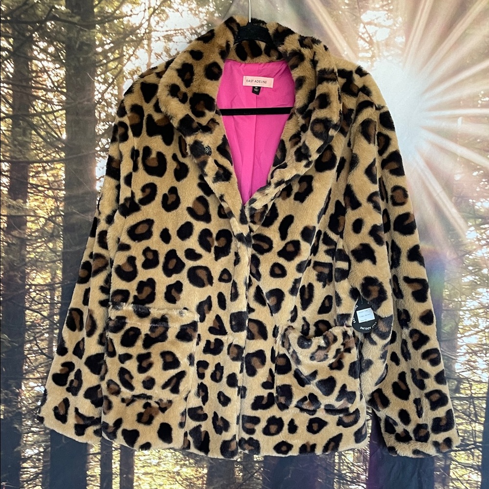 East Adeline Leopard Faux Fur Coat with Pink Lining